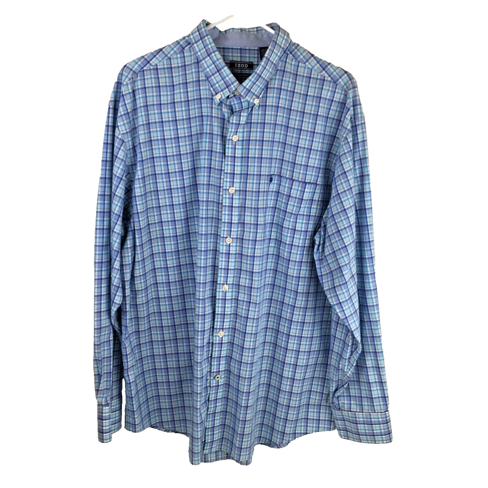 Izod Mens Premium Essentials Shirt X-Large Button Down Long Sleeve Blue Plaid